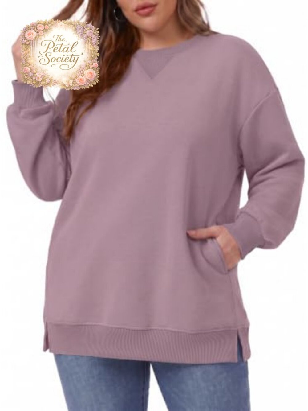 Womens Plus Size Oversized Tunic Sweatshirt Crew Neck Fleece Pullover